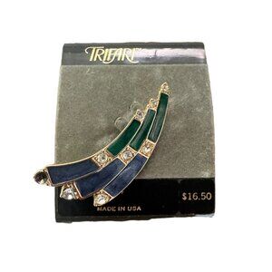 Vintage Trifari Made In USA Green & Blue Enamel Brooch With Rhinestones 4414